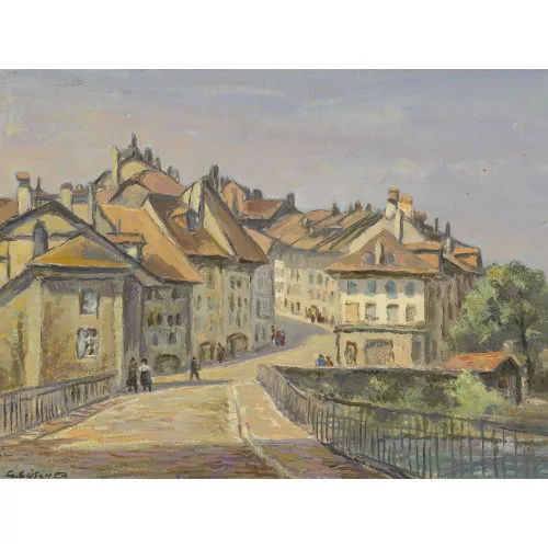 Gottfried Lüscher — Ansicht von Bern mit Untertorbrücke und Nydeggstalden.