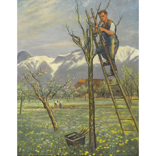Gottfried Lüscher — Frühlingslandschaft mit Obstbäumen und Bauern.