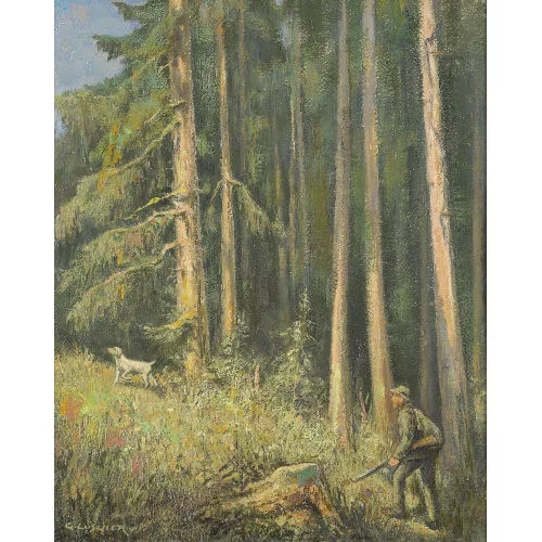 Gottfried Lüscher — "Waldlichtung mit Jäger und Hund".