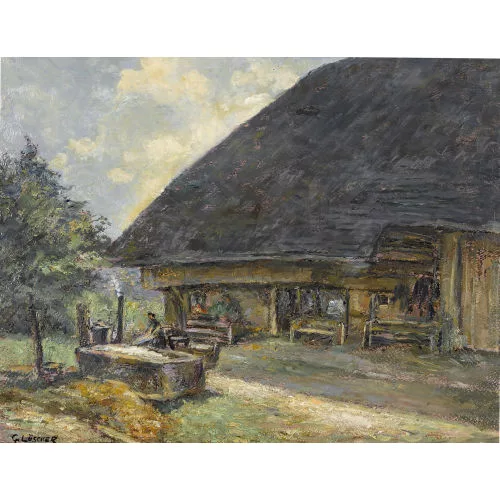 Gottfried Lüscher — "Bauernhaus mit Wäscherin am Brunnen".