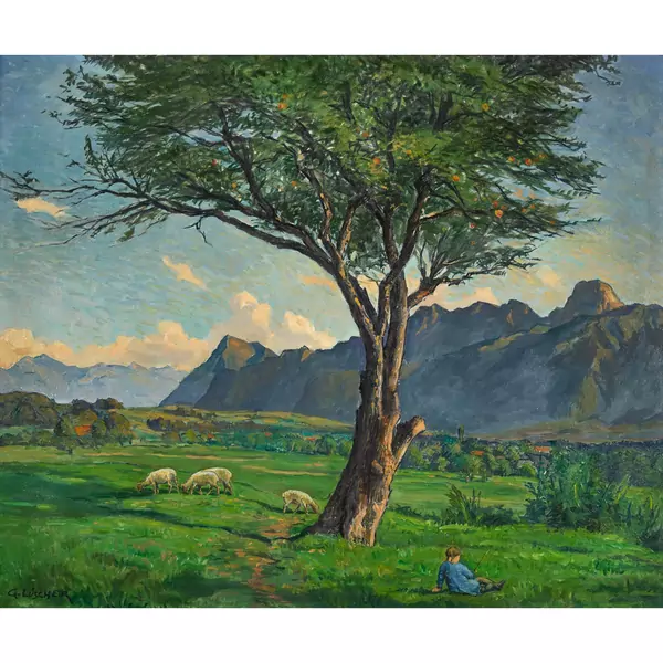 Berglandschaft mit Hirtenmädchen und Schafen