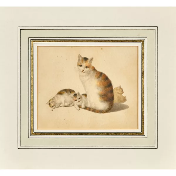 GOTTFRIED MIND — Katzenmutter mit drei Jungtieren.