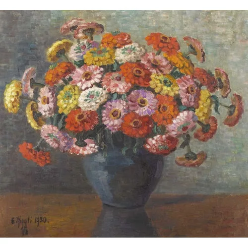 Gret Niggli — Zinien in blauer Vase.