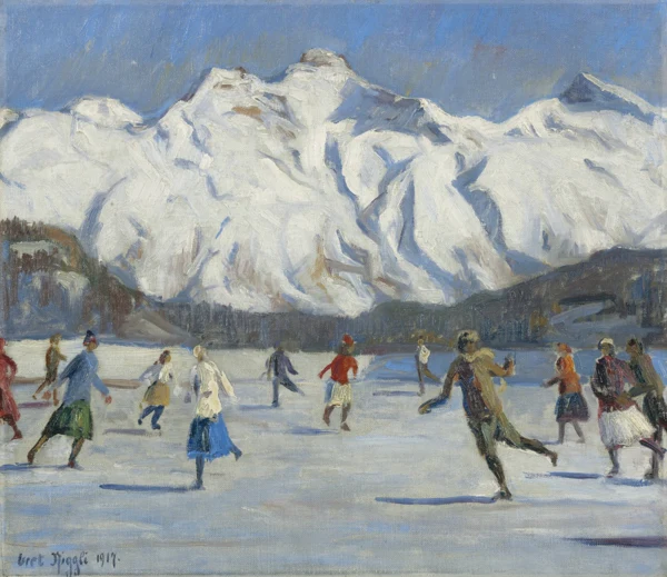 Gret Niggli — SCHLITTSCHUHLÄUFER VOR GEBIRGSLANDSCHAFT, 1917ICE SKATERS IN FRONT OF MOUNTAIN LANDSCAPE, 1917