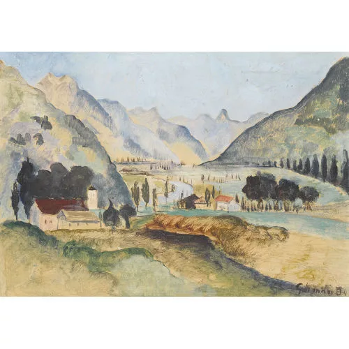 Greta Mander — Sommerliche Landschaft mit Kirche.