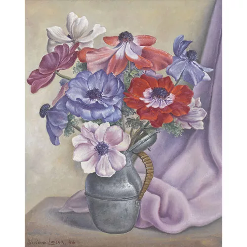 Guido Locca — Stillleben mit Anemonen in einem Zinnkrug.