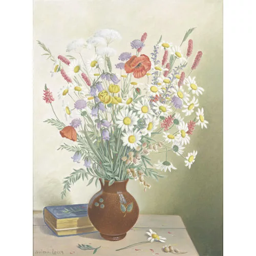 Guido Locca — Stillleben mit Feldblumen, Vase und Buch.