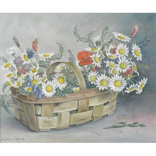 Guido Locca — Stillleben mit Blumen in Weidenkorb.