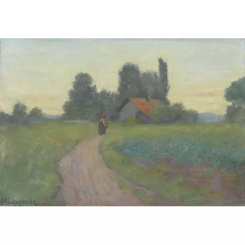 Gustav Vollenweider — Feldlandschaft mit Frau auf einem Weg.