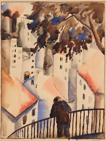 GUSTAVE BUCHET — Rambarde avec personnage surplombant une rue. — Koller Auktionen