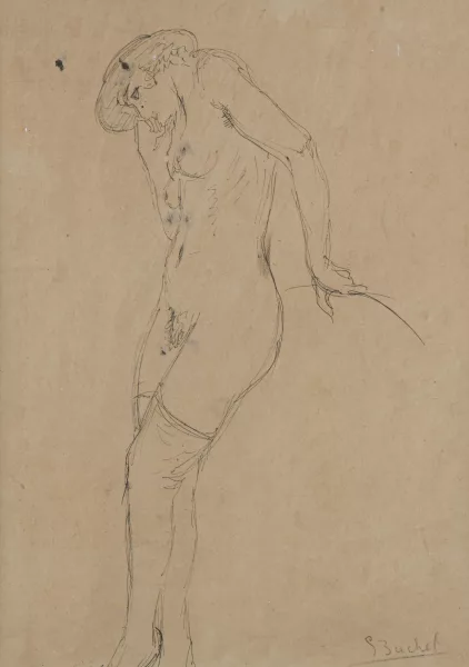 Gustave Buchet — Nu debout appuyé au dossier d'un siège