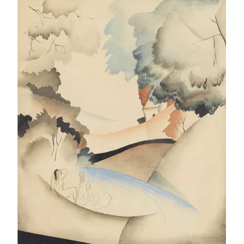 Gustave Buchet — Hügelige Landschaft mit Badenden.