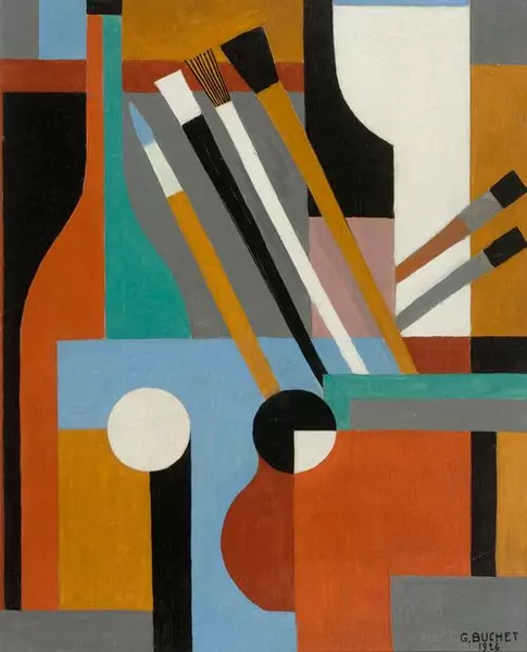 GUSTAVE BUCHET — Stillleben-Komposition mit Pinsel und Flasche. 1926. — Koller Auktionen