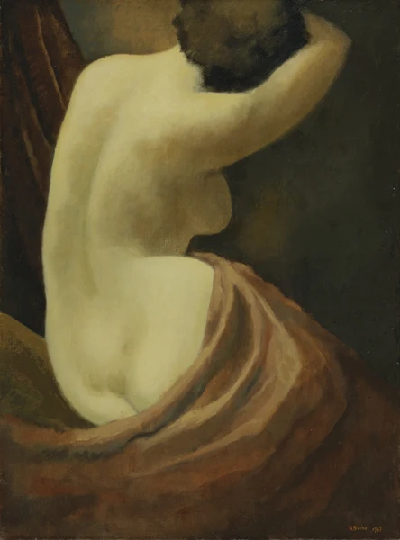 Gustave Buchet — Nu de dos, draperie rose, 1947