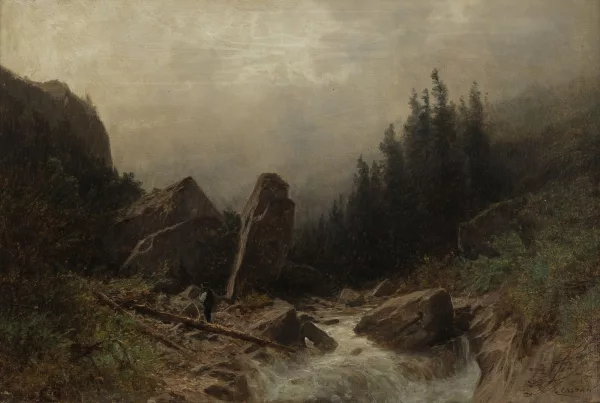 Gustave Castan — Chasseur au bord d'un torrent dans les Alpes