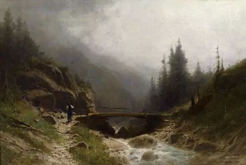 GUSTAVE CASTAN — Bergbach mit Bäuerin an einer Brücke. Der letzte Gang vor dem Gewitter. — Koller Auktionen