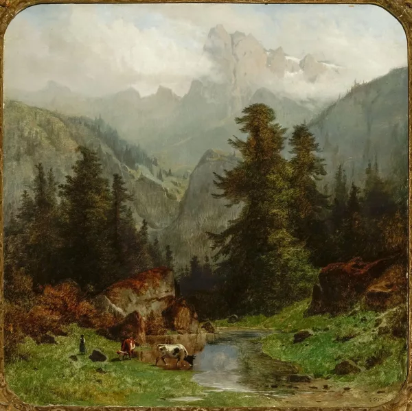 Gustave Castan — Vache s'abreuvant dans un paysage de montagne
