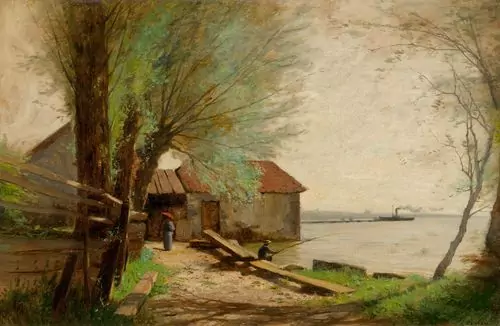 GUSTAVE CASTAN — Landscape at Lake Geneva with a steamboat. — Koller Auktionen