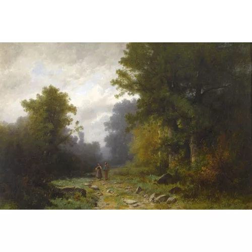 Gustave Castan — Romantischer Waldweg mit einem Paar.