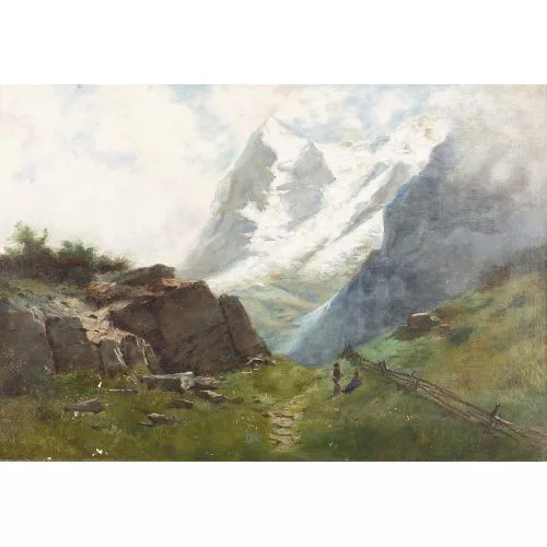 Gustave Castan — Sommerliche Gebirgslandschaft im Wallis mit zwei Wanderern.