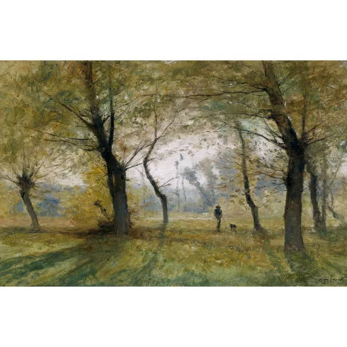 Gustave Castan — Lichte Waldpartie mit Jäger und Hund.