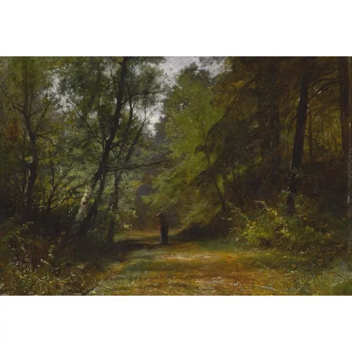 Gustave Castan — Dame mit Sonnenschirm auf einem Waldweg.