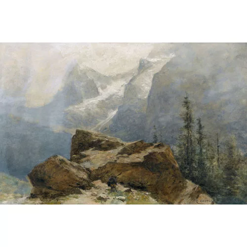 Gustave Castan — Steile Gebirgspartie mit Rastendem.