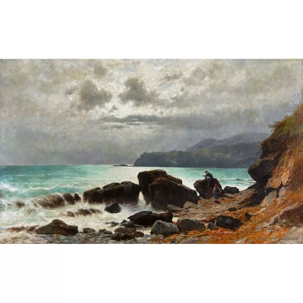 Gustave Castan — Felsige Meeresküste mit Angler und Frau.