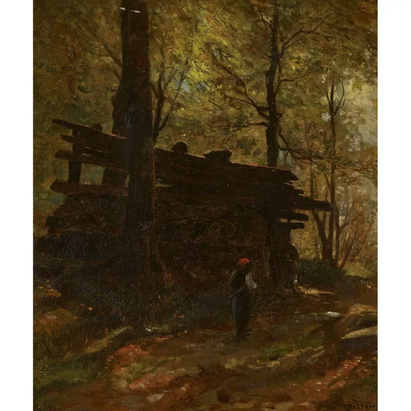 Gustave Castan — Waldweg mit Bäuerin.
