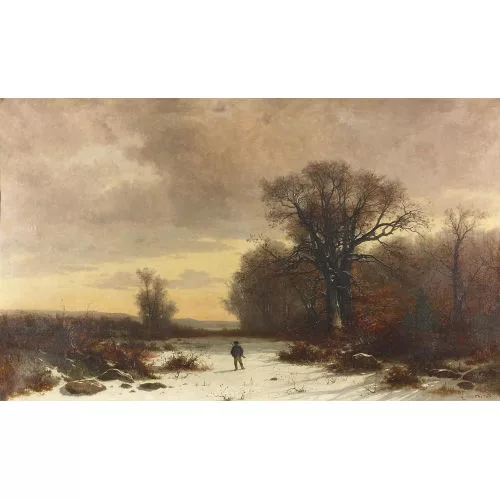 Gustave Castan — Jäger in winterlicher Landschaft.