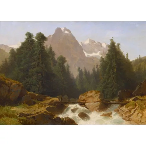 Gustave Castan — Gebirgsbach mit Well- und Wetterhorn von der Rosenlaui aus.