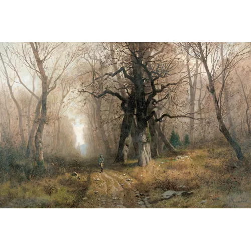 Gustave Castan — Winterliche Waldlandschaft mit Jäger.