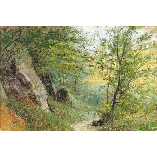 Gustave Castan — Sonniger Waldweg mit Felsen.