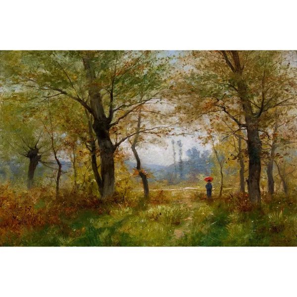Gustave Castan — Dame mit rotem Schirm im sonnigen Wald.