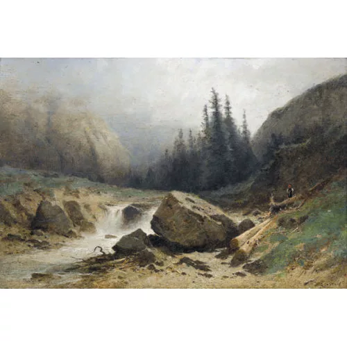 Gustave Castan — Reissender Gebirgsbach mit Bäuerin.