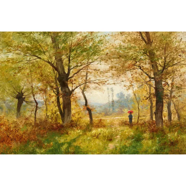 Gustave Castan — Frau mit rotem Schirm im sonnigen Wald.