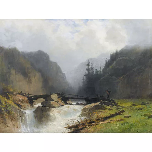 Gustave Castan — Gebirsgbach mit Brücke und Reisigsammler.