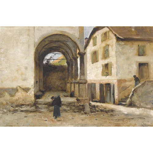 Gustave Castan — Strassenpartie mit Kirche und Figurenstaffage.