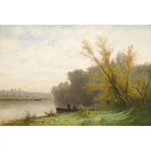 Gustave Castan — Flusslandschaft mit Ruderboot und Staffage.