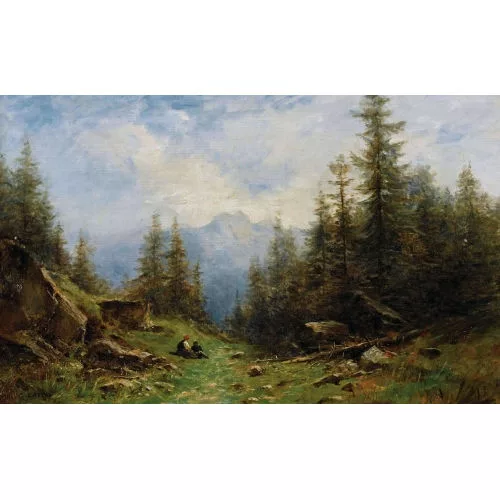 Gustave Castan — Sommerliche Berglandschaft mit Bauernpaar.