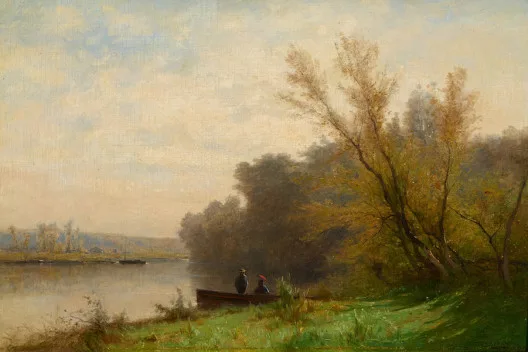 Gustave Castan — Flusslandschaft mit Figuren im Boot