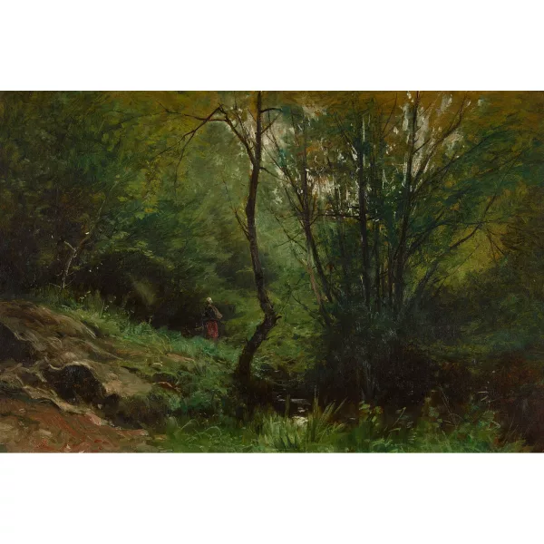 Gustave Castan — Waldweg mit Bäuerin.