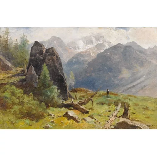 Gustave Castan — Sonnige Bergpartie mit Wandersmann.