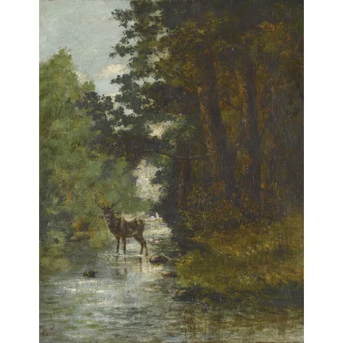 Gustave Courbet — Waldpartie mit Hirsch an einem Bachufer.