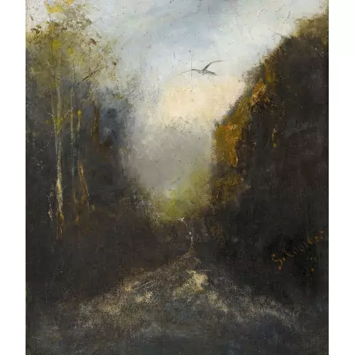 Bewaldete Bachlandschaft mit Vogel