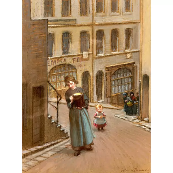 Frau mit Topf auf steiler Gasse