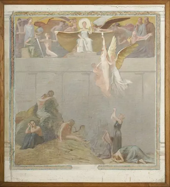 Gustave de Beaumont (1851-1922), La Justice, projet allégorique probablement réalisé pour le Tribunal Fédéral de Lausanne, 3ème prix du concours, huile sur toile, 128x116 cm. — Genève Enchères