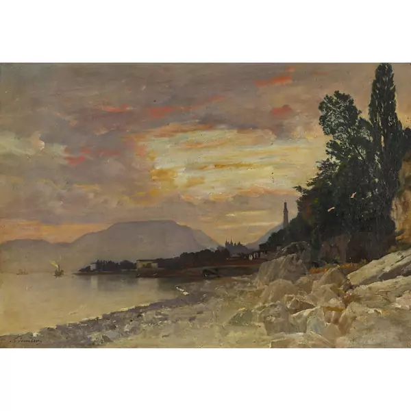 Seeuferlandschaft im Abendrot