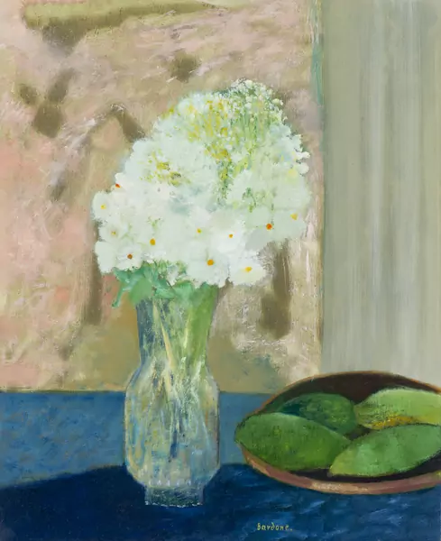 Guy BARDONE (1927-2015), "Vase en cristal aux fleurs blanches", huile — DognyAuction