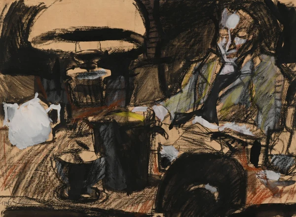 Hannes Gruber — Frau an einem gedeckten Tisch sitzend, 1964